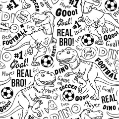 Coloring. Art. Football pattern. Cute dinosaur plays soccer. Print on a wite background. Design for kids.  prints, nursery closing, fabrics. Vector illustration. T-rex dinosaur