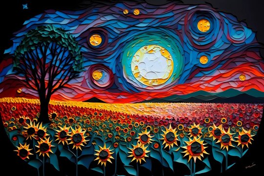 Colorful landscape oil painting background with space for text, landscape with moon and sunflowers - Generated by Generative AI