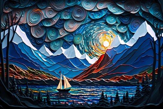 Colorful mosaic landscape oil painting background with space for text, background with sea, boat and lighthouse - Generated by Generative AI
