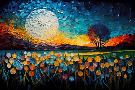 Colorful landscape oil painting background with space for text, landscape with moon and dandelions - Generated by Generative AI