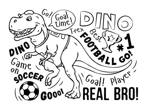 Art. Coloring. football print. Cute dinosaur plays soccer on a white background. Design for kids poster, T-shirt, prints, nursery closing, fabrics. vector illustration. T-rex