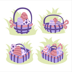 Easter Basket Vector Illustration Set on Grass with Colorful Eggs - Festive Holiday Design