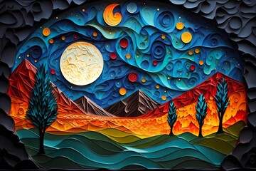 Colorful landscape oil painting background with space for text, full moon and stars - Generated by Generative AI