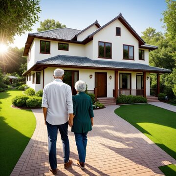 Happy Old Couple In Front Of At The New House