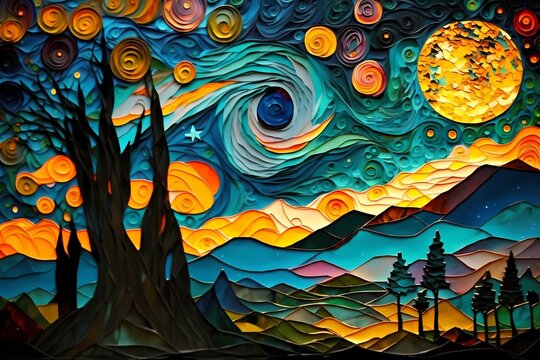 Colorful Wavy Landscape Oil Painting, full moon and stars - Generated by Generative AI