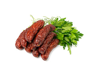 Dry Smoked Sausages Isolated, Salami Sticks, Kielbasa, Cabanossi, Kabanos, Dry Embutido, Chorizo, Bratwurst