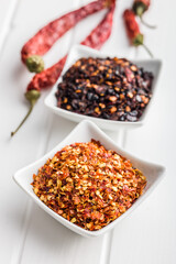 Dry chili pepper flakes. Crushed red peppers in bowl on white table.