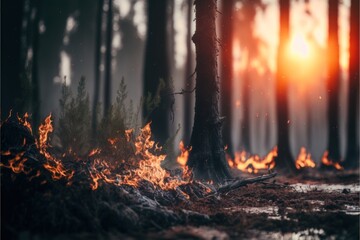Rain forest fire disaster is burning caused by humans, Forest fires, red and orange forest fires at night in the dry season, GENERATIVE AI