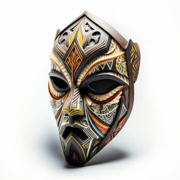 Vibrant and colorful tribal mask with intricate patterns and bold designs, reflecting traditional ethnic art isolated on a white background, generative ai
