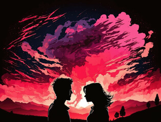A couple gazing into each other eyes a redpink sky forming a romantic backdrop. Lifestyle concept. AI generation.