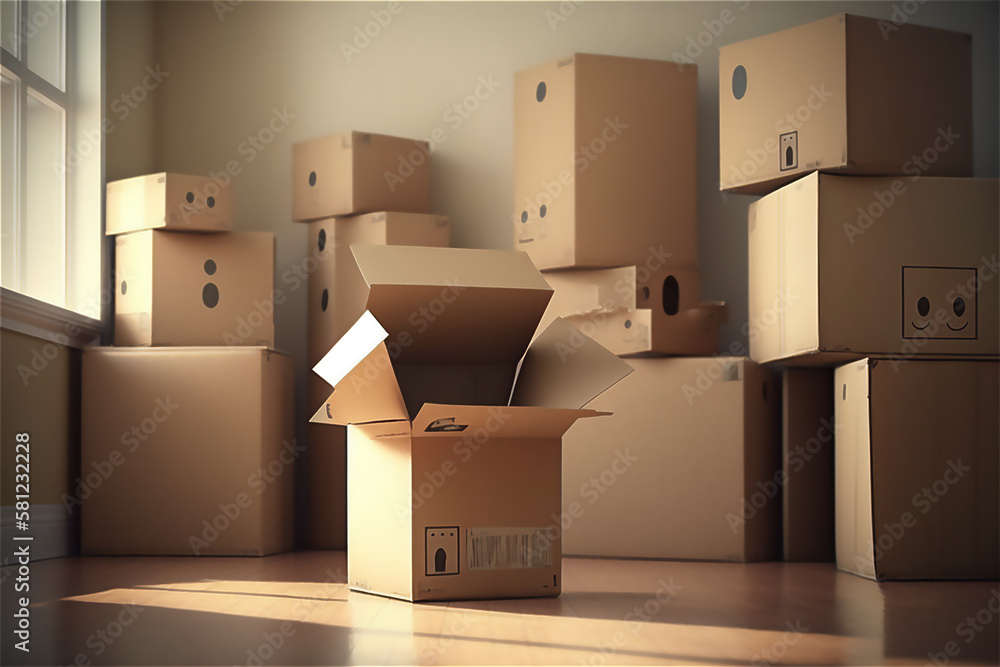 Aufkleber Cardboard boxes and packages in empty home. moving in or moving out packing things. home moving services. generative ai