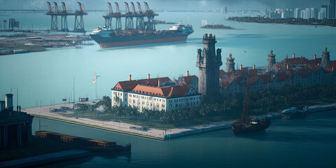 Fototapeta na wymiar City port view with boats and ships - Generative AI