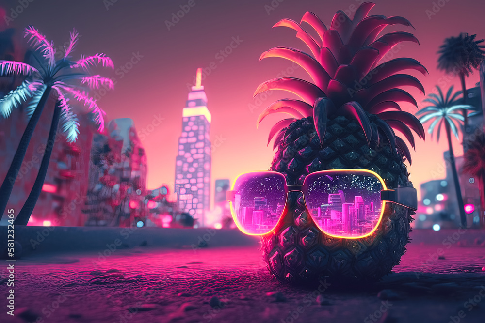 Wall mural pineapple fruit fashion hipster in sunglasses. minimal. summer party mood, night club. hot summer gl