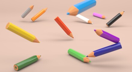 colored pencils, coloring pencils, school background, school business card (3d illustration)