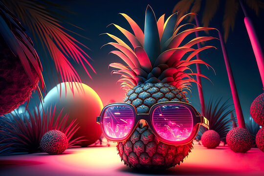 Pineapple fruit fashion hipster in sunglasses. Minimal. Summer party mood, night club. Hot summer glamour beach vibes. Generative AI