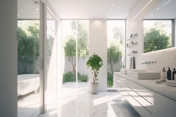 Fototapeta na wymiar Contemporary spacious light-white bathroom with freestanding bathtub. Ai generative