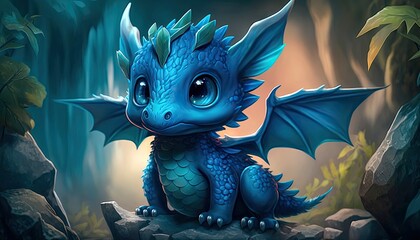 A charming cute baby dragon. Realistic illustration of a fantasy background concept art. Generative AI