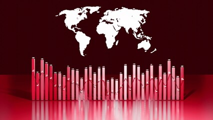 3d render. Abstract beautiful columns form graph and with the world map form an information panel as analytical theme. Global data, abstract statistics around the world as information bg. Red color