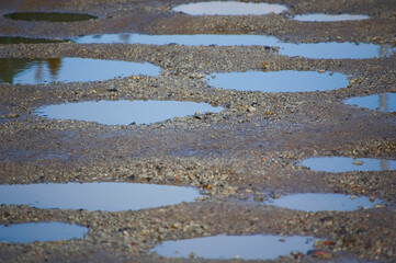 Lots of puddles on the dirt road