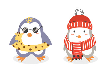 Winter and summer penguins. Cute cartoon penguins in flat style. 
