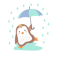 Autumn penguin. Cute cartoon penguins in flat style. Penguin with umbrella