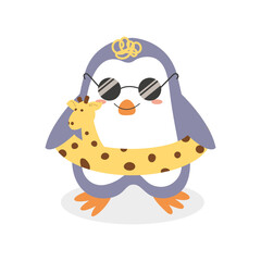 Summer penguins. Cute cartoon penguins in flat style. 