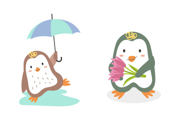 Autumn and spring penguins. Cute cartoon penguins in flat style. Penguin with flowers. Penguin with umbrella