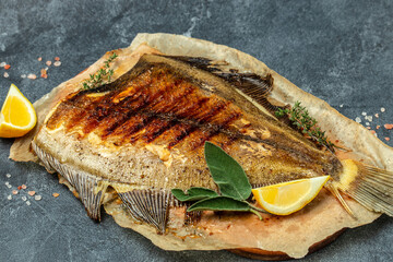 delicious grilled Flounder Fish with lemon and spices on a dark background. banner, menu, recipe place for text, top view