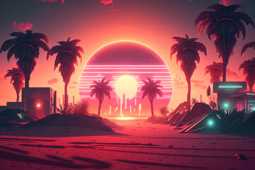 Fototapeta na wymiar Sunset with big sun in miami disco style party. Retro wave, synthwave illustration. Background 80 s, 90 s style. Generative AI