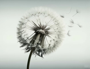 A dandelion puffing its seeds into the wind. AI generation.