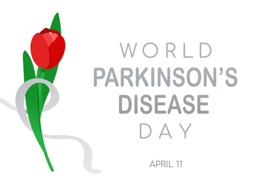 World Parkinson's disease day background. Horizontal poster template with red tulip and gray ribbon, awareness symbols. Vector illustration isolated on white backdrop