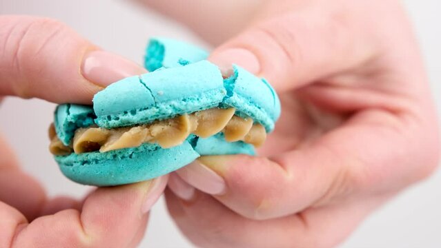 Female hands smash macaroon hands, break blue macaron cake, smash purple biscuits with blueberry lavender blue cheese