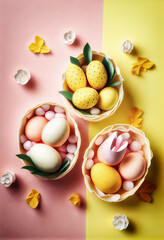 Fototapeta na wymiar Easter celebration concept. Top view photo of colorful easter eggs small baskets ceramic bunnies yellow and pink tulips. Generative AI. 8