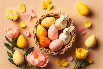 Easter celebration concept. Top view photo of colorful easter eggs small baskets ceramic bunnies yellow and pink tulips. Generative AI. 2