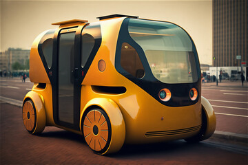 Driverless Autonomous Vehicle. Futuristic Self-Driving taxi car is Moving on a Public Highway in a Modern City with cityscape view. generative ai
