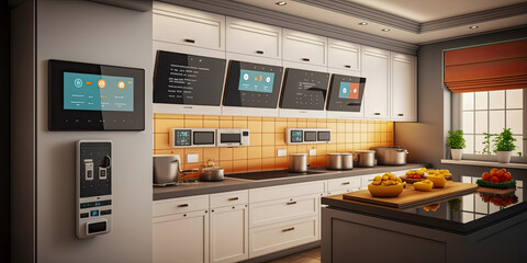 A home automation control station in a modern kitchen - Generative AI