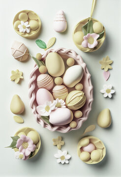 Easter celebration concept. Top view photo of colorful easter eggs small baskets ceramic bunnies yellow and pink tulips. Generative AI. 5