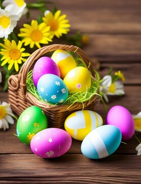 Hermosos huevos de pascua coloridos en madera azul, aster 2023, huevos de pascua 2023 decorados en una canasta junto con flores, feliz celebraci&oacute;n navide&ntilde;a de pascua