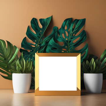  mock up frame encima de una mesa, con plantas verder tropicales, 2023
