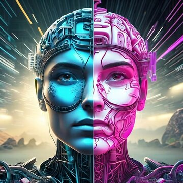 Representa a la inteligencia artificial en forma de humano pero cerebro de robot. Los dos lados de la persona, la azul mas humana y la rosa mas robot. 