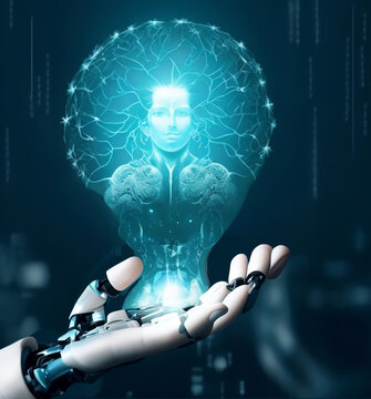 IA, aprendizaje autom&aacute;tico, mano rob&oacute;tica con inteligencia artificial, intercambio de datos, aprendizaje profundo, ciencia y tecnolog&iacute;a de inteligencia artificial, innovaci&oacute;n futurista.