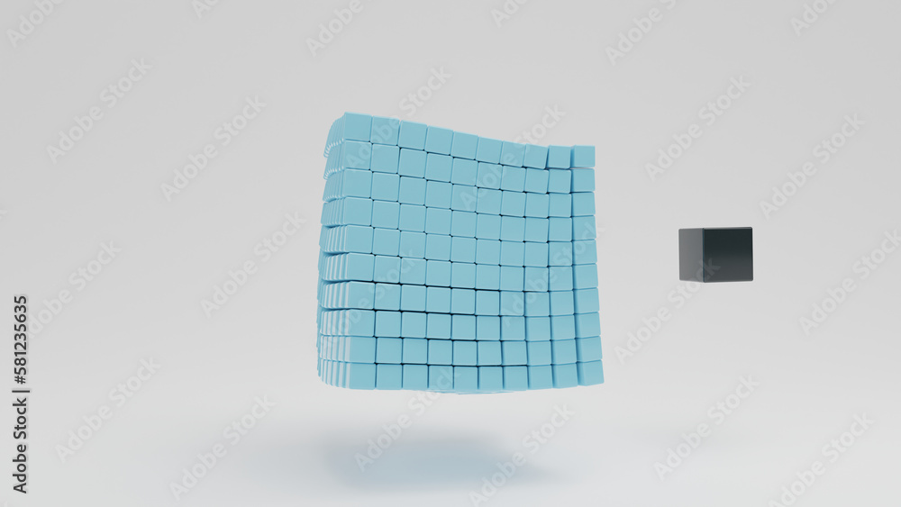 Poster 3d rendering of an array of blue cubes assembled into a large cube and a black cube. the black cube 