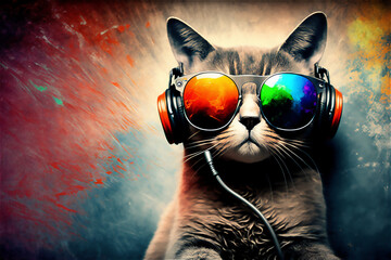 funny cute cat in headphones with sunglasses in bright colors vibrant splashes.generative ai