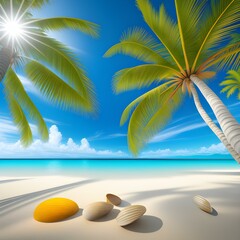 Fototapeta na wymiar beautiful view of a sunny tropical beach with palm trees and sand, water with a reflection of the sky, shells, generated in AI