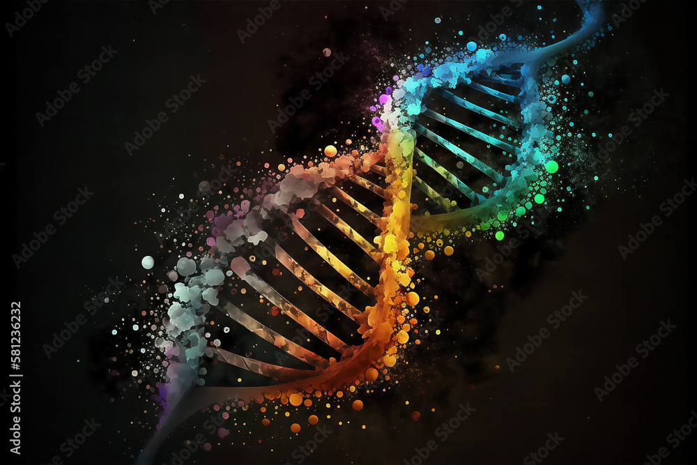 Poster vibrant colorful DNA helix illustration structure in different color. generative ai.