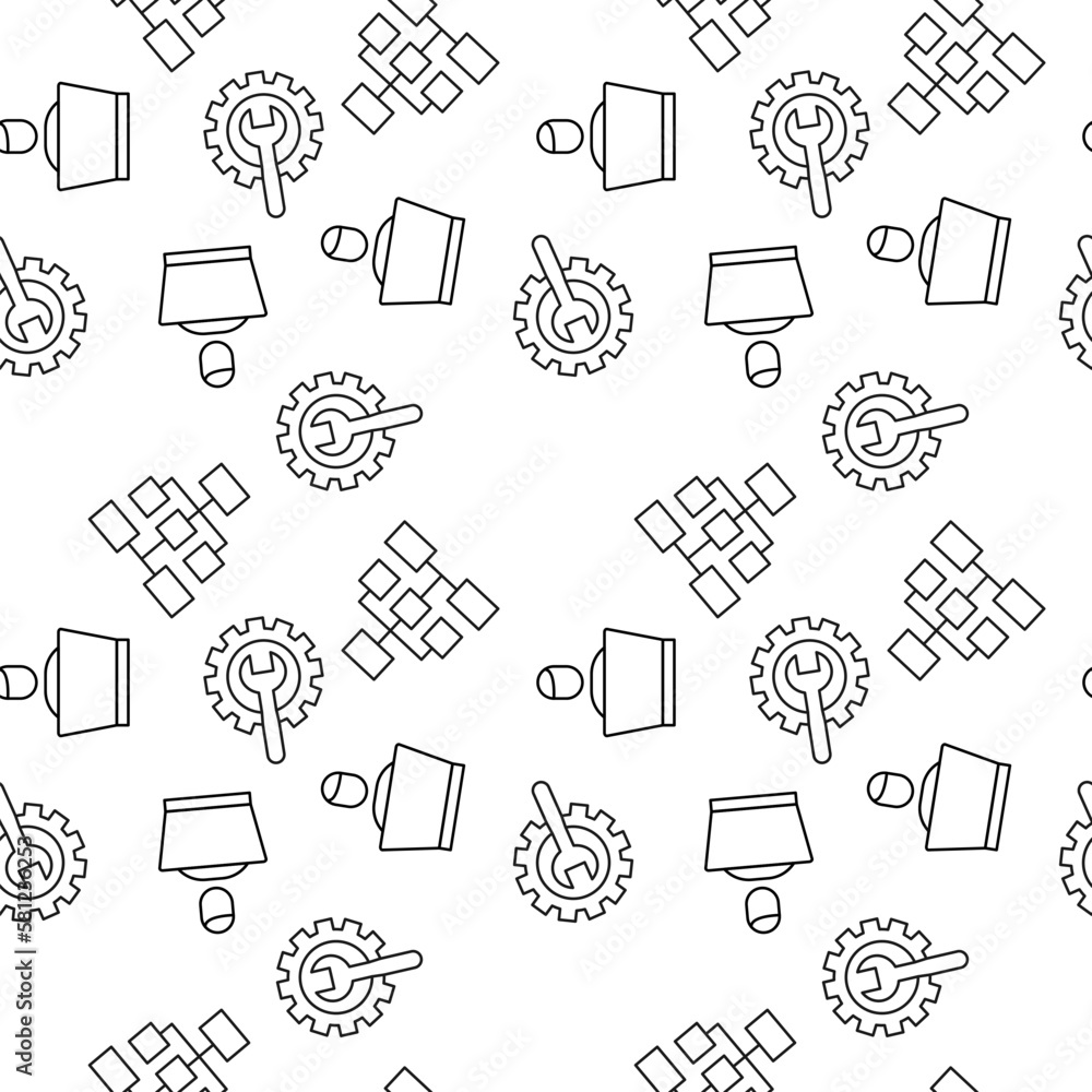 Poster vector seamless pattern of freelancer, programmer, wrench inside of gear on white background. it can