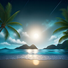 Fototapeta na wymiar beautiful view of the evening tropical beach with palm trees and sand, water with moon reflection, sunrise, sunset, fantasy, generated in AI