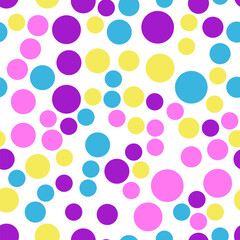 Vibrant seamless repeating pattern of yellow, purple, blue, pink bubbles for printing on clothes, bags, cups, wallpapers, postcards, wrappers and other surfaces