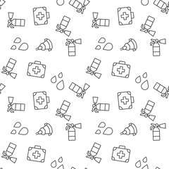 Vector seamless pattern of fire extinguisher, protective mask, medical suitcase, water on white background. It can be used for printing on various surfaces