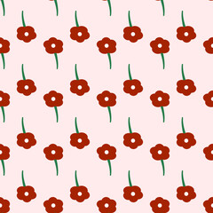 Seamless vector pattern of red flower with dark green stem and petals